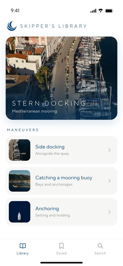 Skipper's Library app home screen with guides for stern docking, side docking, catching a mooring buoy and anchoring.